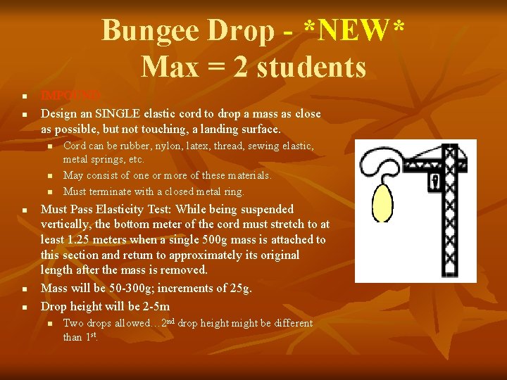 Bungee Drop - *NEW* Max = 2 students n n IMPOUND Design an SINGLE