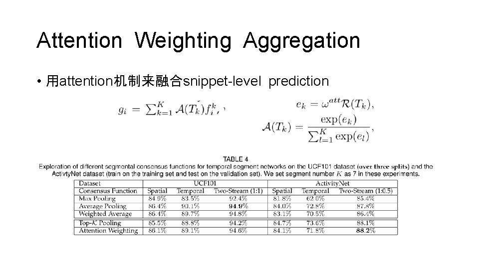 Attention Weighting Aggregation • 用attention机制来融合snippet-level prediction 