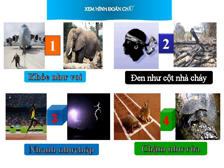 XEM HÌNH ĐOÁN CHỮ 1 Khỏe như voi 3 Nhanh nhưchớp 2 Đen như