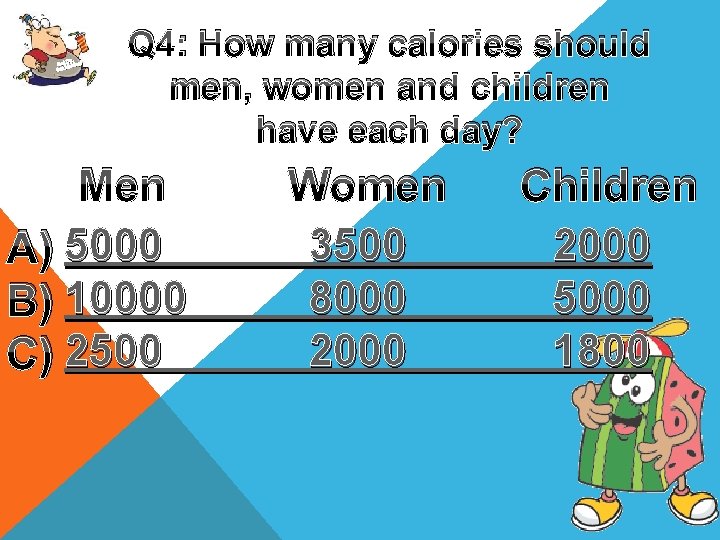 Up, Get oving! M Get Q 4: How many calories should men, women and