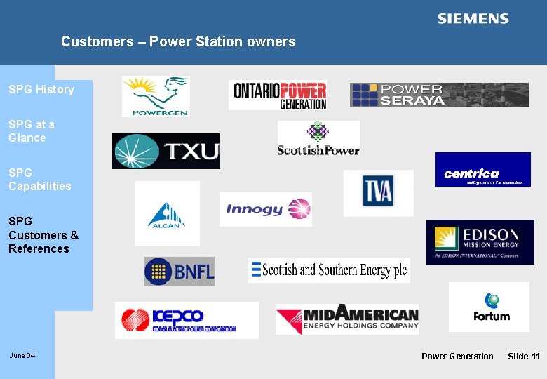 Customers – Power Station owners SPG History SPG at a Glance SPG Capabilities SPG