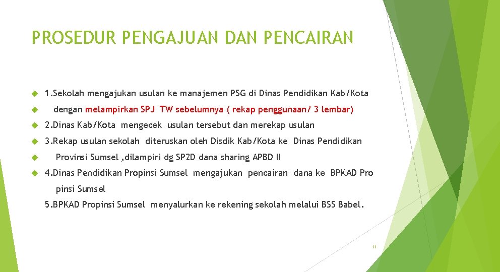 PROSEDUR PENGAJUAN DAN PENCAIRAN 1. Sekolah mengajukan usulan ke manajemen PSG di Dinas Pendidikan