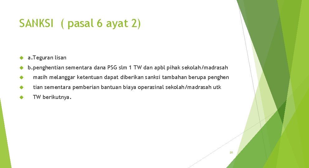 SANKSI ( pasal 6 ayat 2) a. Teguran lisan b. penghentian sementara dana PSG