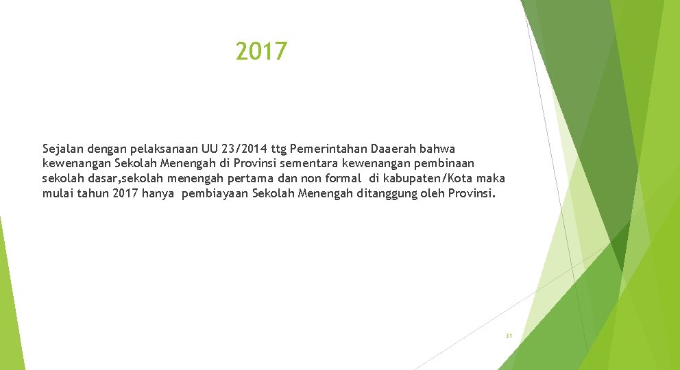 2017 Sejalan dengan pelaksanaan UU 23/2014 ttg Pemerintahan Daaerah bahwa kewenangan Sekolah Menengah di