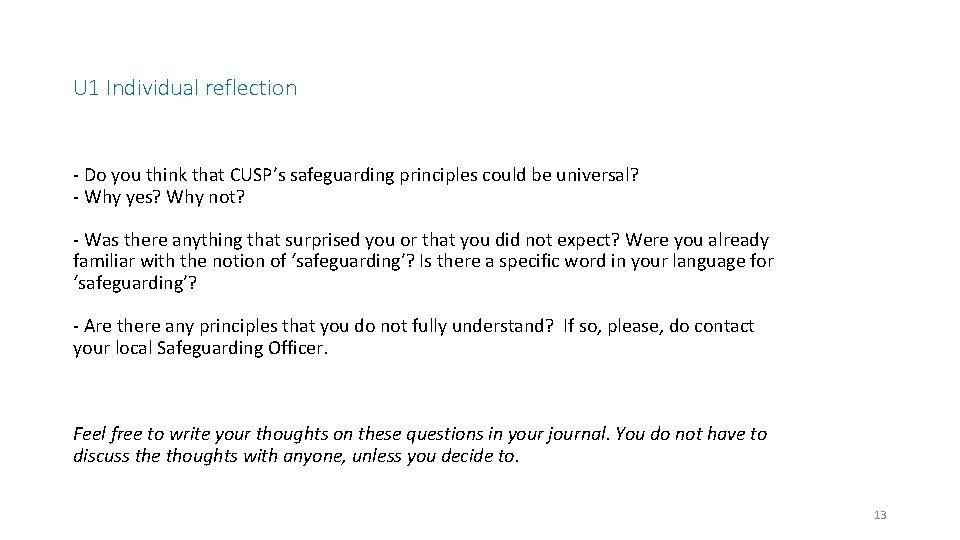 U 1 Individual reflection - Do you think that CUSP’s safeguarding principles could be
