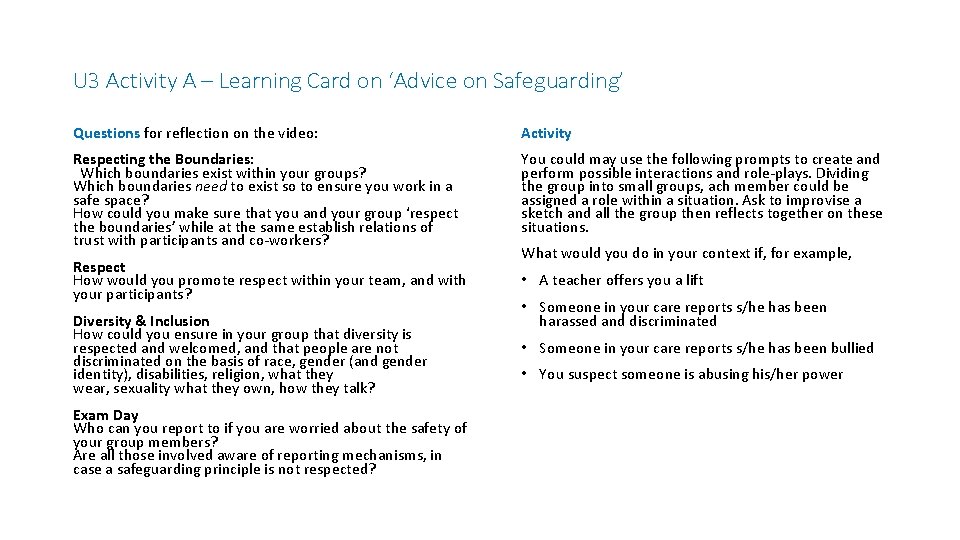 U 3 Activity A – Learning Card on ‘Advice on Safeguarding’ Questions for reflection
