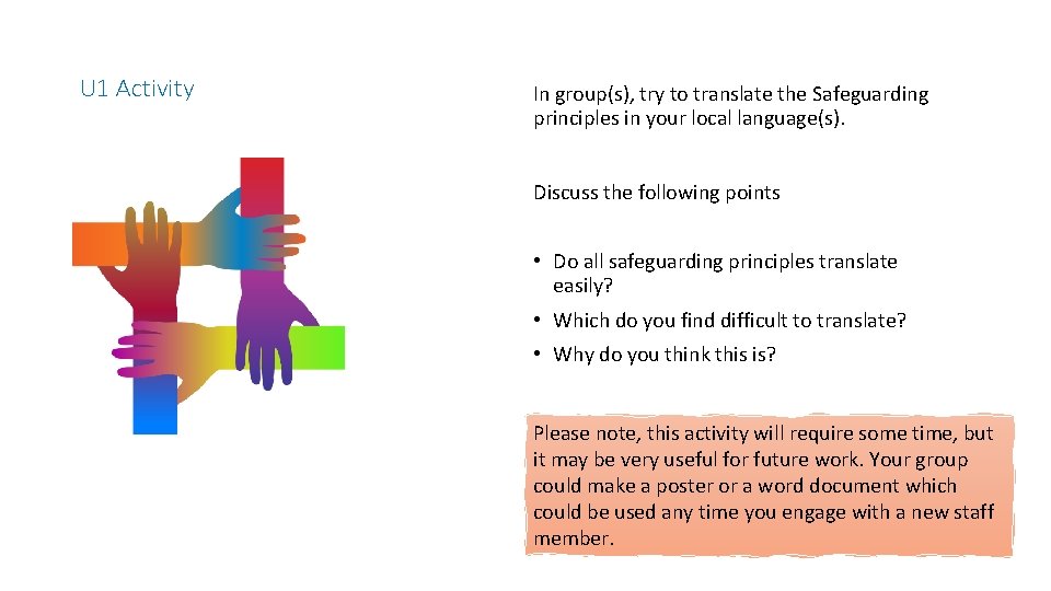 U 1 Activity In group(s), try to translate the Safeguarding principles in your local