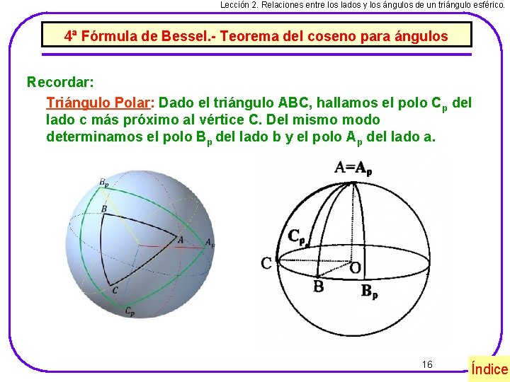 Lección 2. Relaciones entre los lados y los ángulos de un triángulo esférico. 4ª