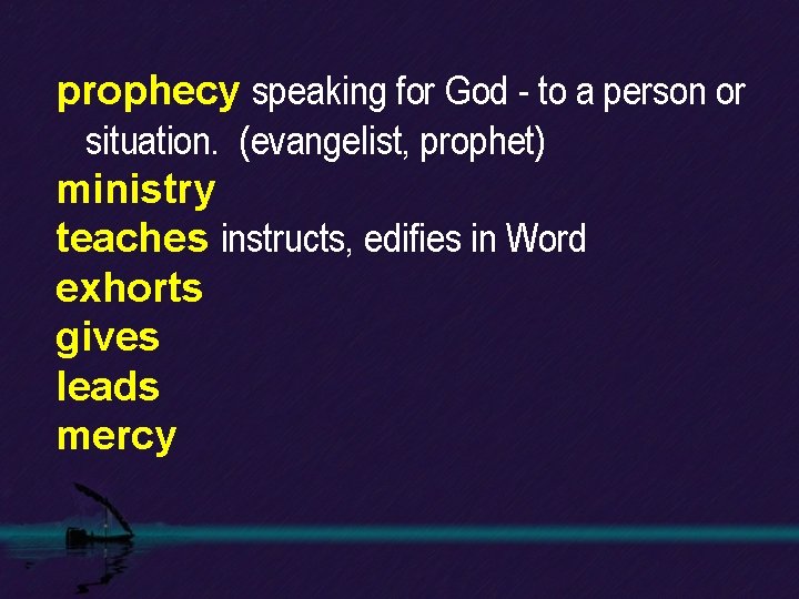 prophecy speaking for God - to a person or situation. (evangelist, prophet) ministry teaches