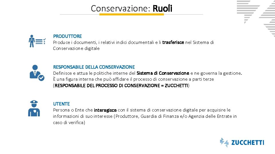 Conservazione: Ruoli PRODUTTORE Produce i documenti, i relativi indici documentali e li trasferisce nel