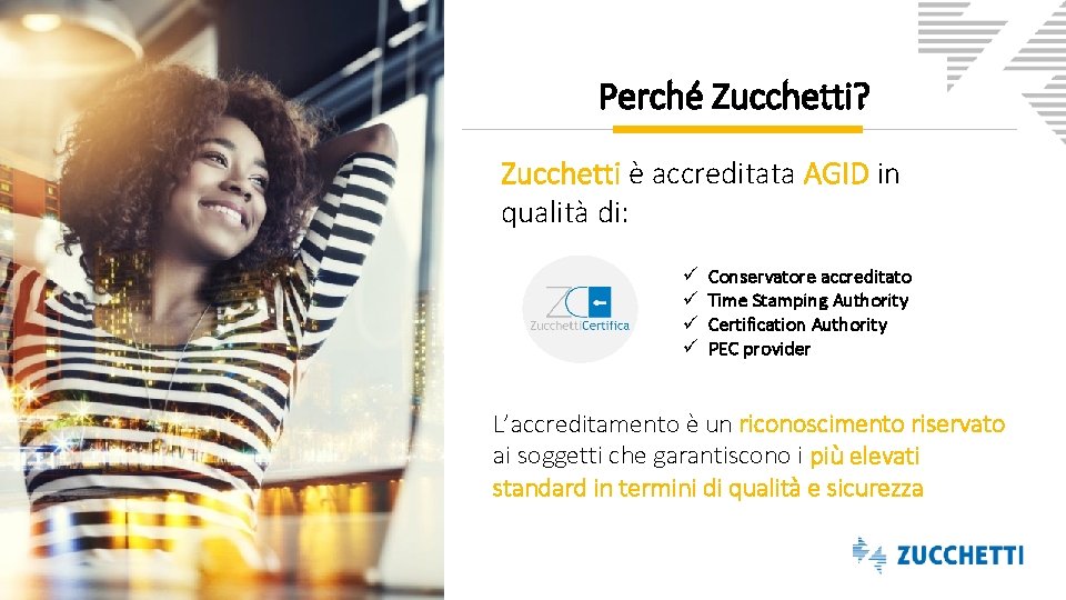 Perché Zucchetti? Zucchetti è accreditata AGID in qualità di: ü ü Conservatore accreditato Time