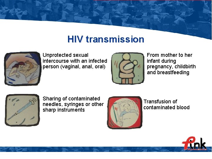 HIV transmission Unprotected sexual intercourse with an infected person (vaginal, anal, oral) Sharing of