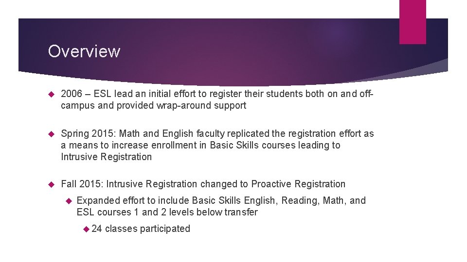 Overview 2006 – ESL lead an initial effort to register their students both on