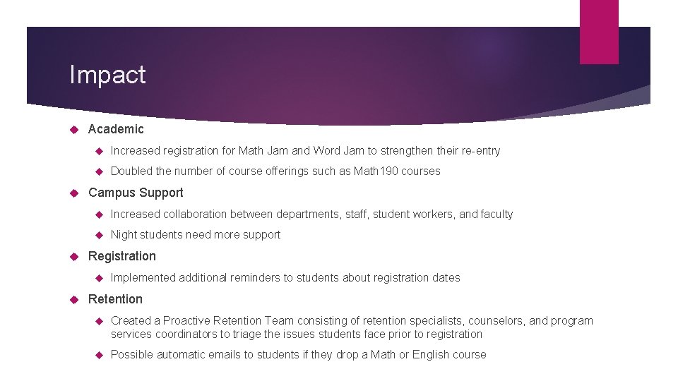 Impact Academic Increased registration for Math Jam and Word Jam to strengthen their re-entry