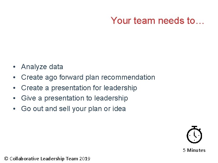 Your team needs to… • • • Analyze data Create ago forward plan recommendation