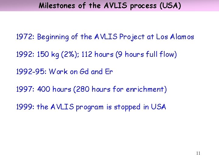 Milestones of the AVLIS process (USA) 1972: Beginning of the AVLIS Project at Los