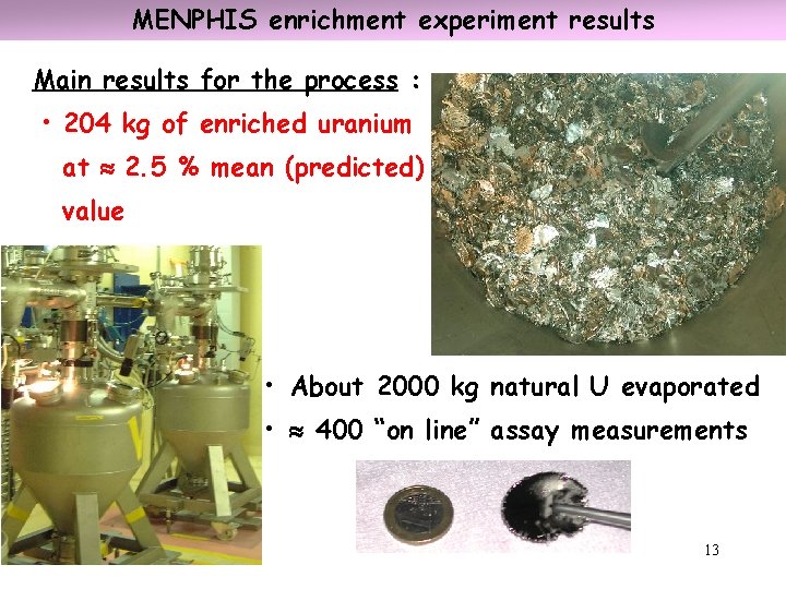 MENPHIS enrichment experiment results Main results for the process : • 204 kg of