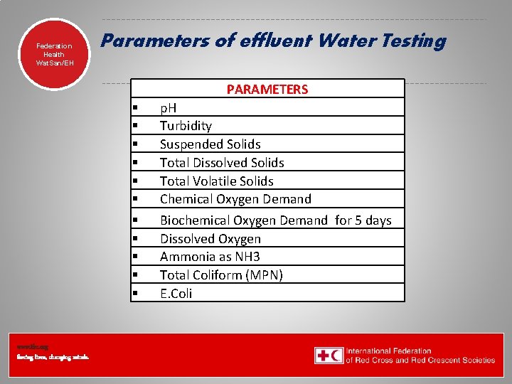 Federation Health Wat. San/EH Parameters of effluent Water Testing PARAMETERS § § § www.