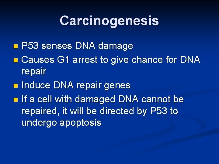 Carcinogenesis P 53 senses DNA damage n Causes G 1 arrest to give chance