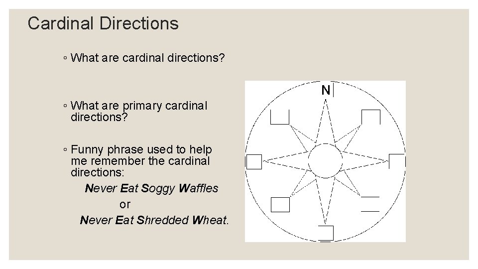 Cardinal Directions ◦ What are cardinal directions? ◦ What are primary cardinal directions? ◦