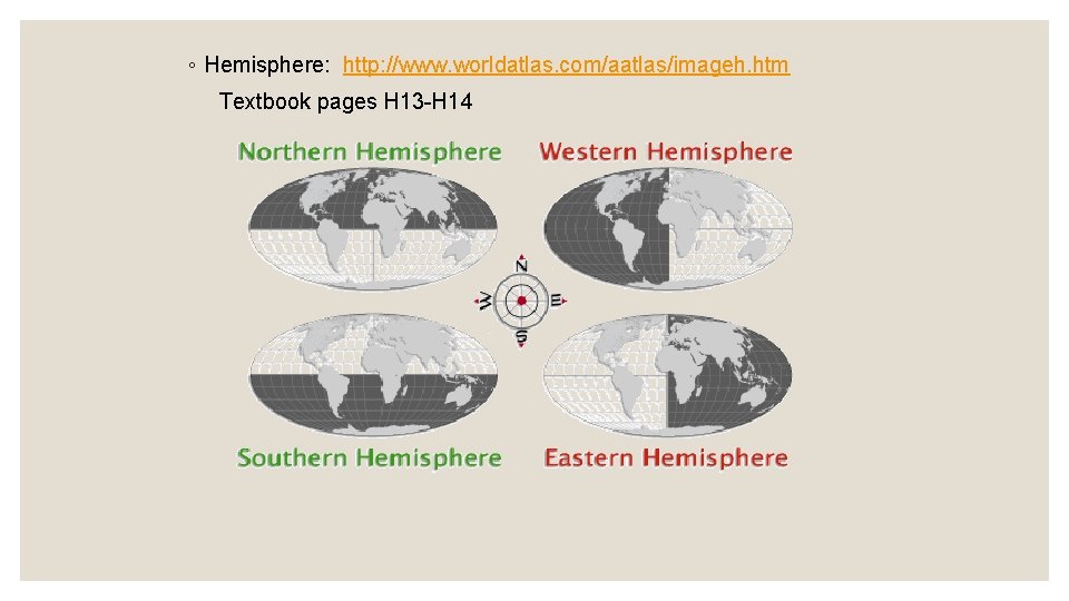 ◦ Hemisphere: http: //www. worldatlas. com/aatlas/imageh. htm Textbook pages H 13 -H 14 