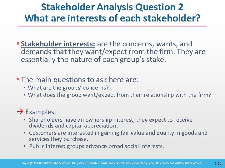 Stakeholder Analysis Question 2 What are interests of each stakeholder? § Stakeholder interests: are