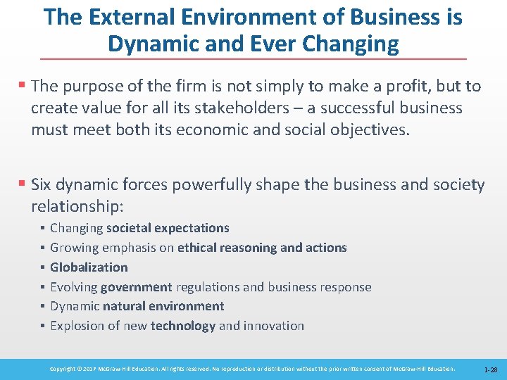 The External Environment of Business is Dynamic and Ever Changing § The purpose of