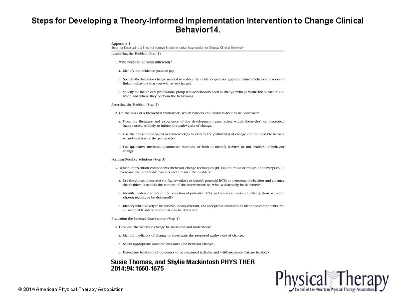 Steps for Developing a Theory-Informed Implementation Intervention to Change Clinical Behavior 14. Susie Thomas,