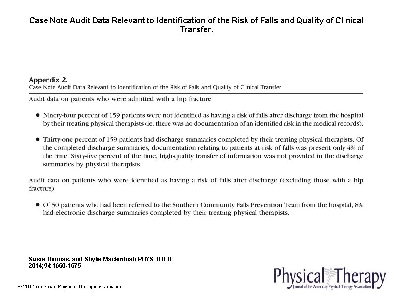 Case Note Audit Data Relevant to Identification of the Risk of Falls and Quality