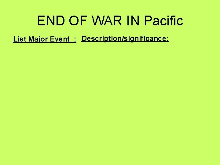 END OF WAR IN Pacific List Major Event : Description/significance: 