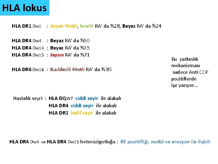 HLA lokus HLA DR 1 Dw 1 : Asyalı Hintli, İsrailli RA’ da %28,