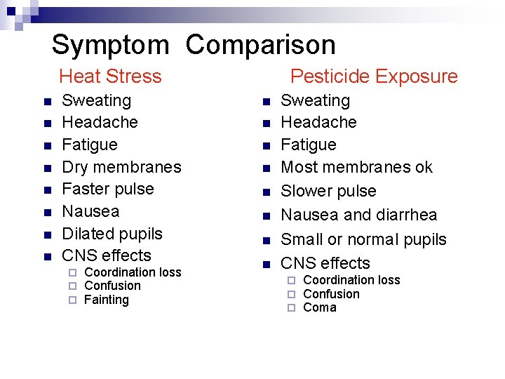 Symptom Comparison Heat Stress n n n n Sweating Headache Fatigue Dry membranes Faster