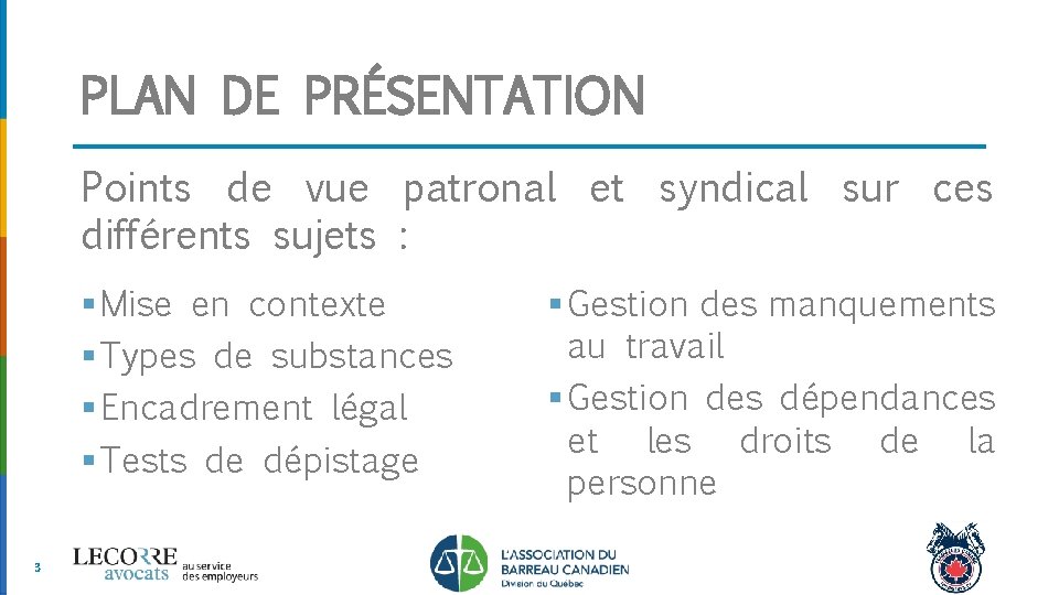 PLAN DE PRÉSENTATION Points de vue patronal et syndical sur ces différents sujets :