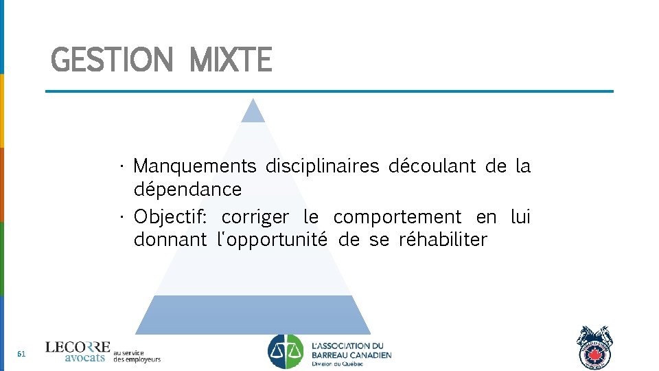 GESTION MIXTE • Manquements disciplinaires découlant de la dépendance • Objectif: corriger le comportement