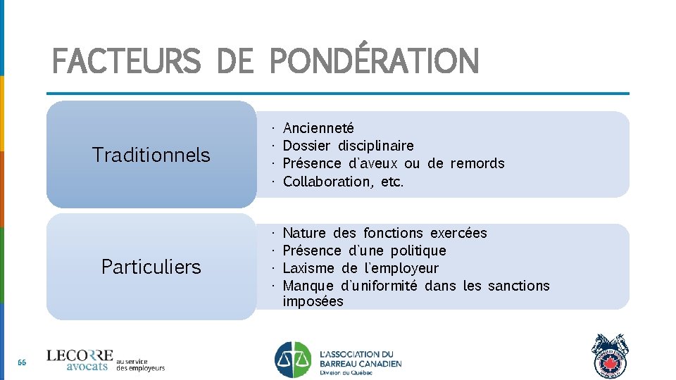 FACTEURS DE PONDÉRATION Traditionnels Particuliers 66 • • Ancienneté Dossier disciplinaire Présence d'aveux ou