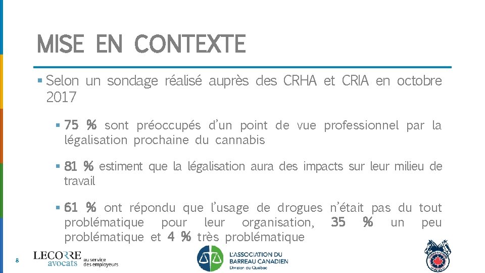 MISE EN CONTEXTE § Selon un sondage réalisé auprès des CRHA et CRIA en