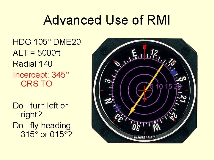 Advanced Use of RMI HDG 105° DME 20 ALT = 5000 ft Radial 140
