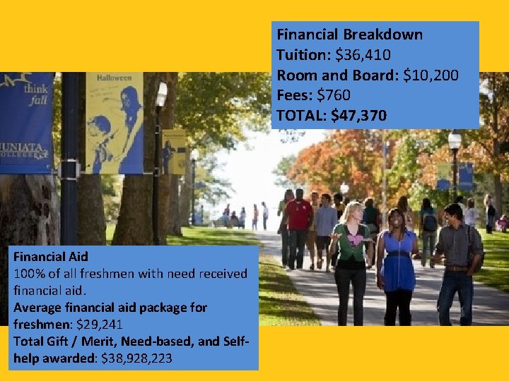 Financial Breakdown Tuition: $36, 410 Room and Board: $10, 200 Fees: $760 TOTAL: $47,