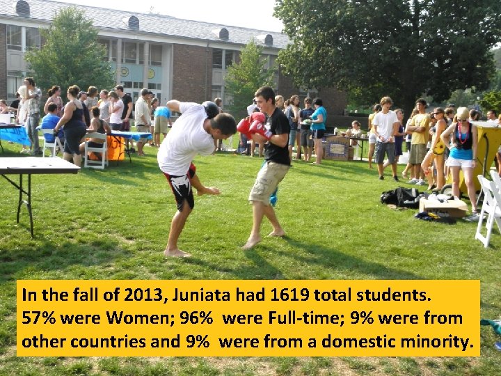In the fall of 2013, Juniata had 1619 total students. 57% were Women; 96%