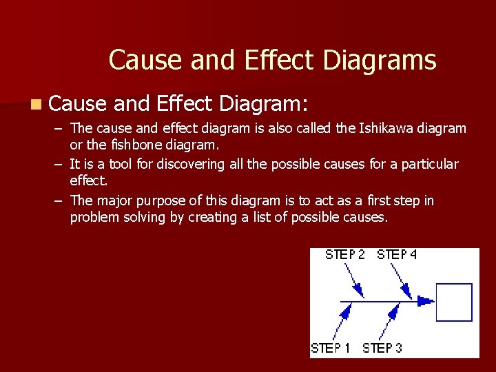 Cause and Effect Diagrams n Cause and Effect Diagram: – The cause and effect Cause and Effect Diagrams n Cause and Effect Diagram: – The cause and effect