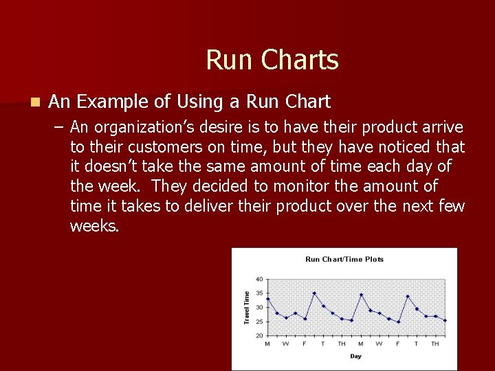 Run Charts n An Example of Using a Run Chart – An organization’s desire Run Charts n An Example of Using a Run Chart – An organization’s desire