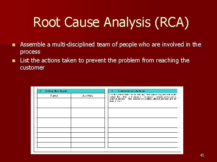 Root Cause Analysis (RCA) Assemble a multi-disciplined team of people who are involved in Root Cause Analysis (RCA) Assemble a multi-disciplined team of people who are involved in