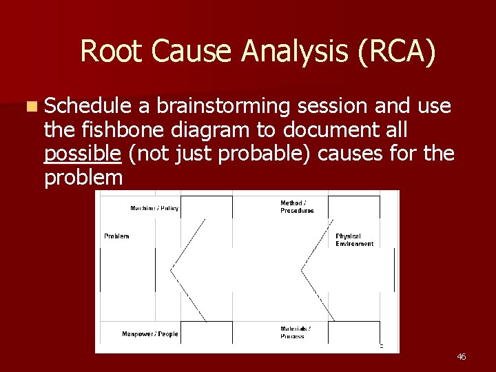 Root Cause Analysis (RCA) n Schedule a brainstorming session and use the fishbone diagram Root Cause Analysis (RCA) n Schedule a brainstorming session and use the fishbone diagram