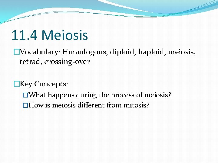 11. 4 Meiosis �Vocabulary: Homologous, diploid, haploid, meiosis, tetrad, crossing-over �Key Concepts: �What happens