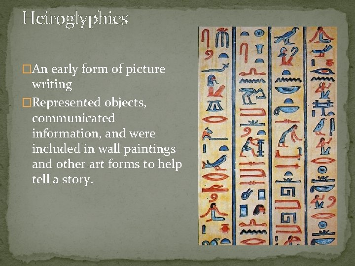 Heiroglyphics �An early form of picture writing �Represented objects, communicated information, and were included