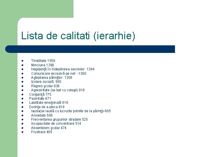 Lista de calitati (ierarhie) l l l l l Timiditate 1559 Minciuna 1398 Neglijenţă