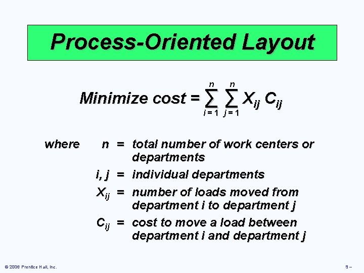 Process-Oriented Layout n n Minimize cost = ∑ ∑ Xij Cij i=1 j=1 where Process-Oriented Layout n n Minimize cost = ∑ ∑ Xij Cij i=1 j=1 where