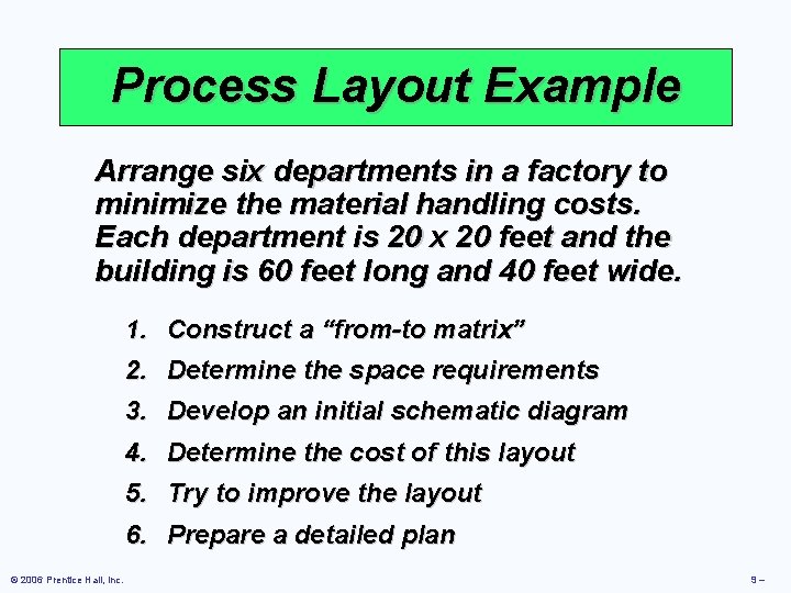 Process Layout Example Arrange six departments in a factory to minimize the material handling Process Layout Example Arrange six departments in a factory to minimize the material handling