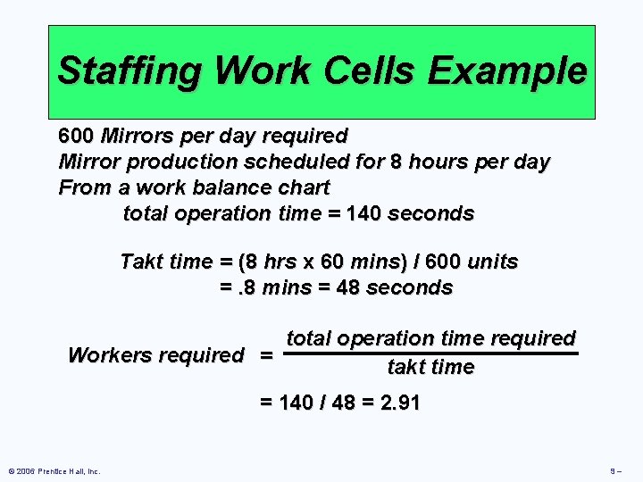 Staffing Work Cells Example 600 Mirrors per day required Mirror production scheduled for 8 Staffing Work Cells Example 600 Mirrors per day required Mirror production scheduled for 8