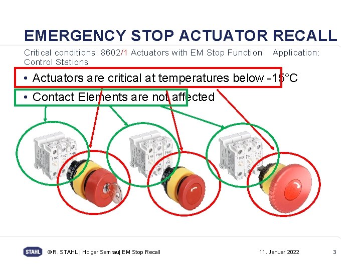 EMERGENCY STOP ACTUATOR RECALL Critical conditions: 8602/1 Actuators with EM Stop Function Control Stations